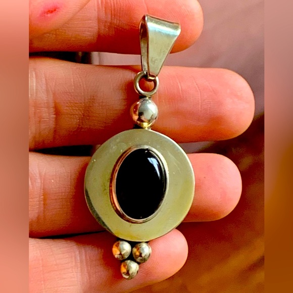 Large silver handmade pendant with Cabochon stone